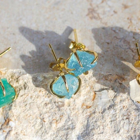 BUNDLE GENUINE AQUAMARINE Stud Earrings & Aquamarine Bracelet non-tarnish Gold - Picture 11 of 15